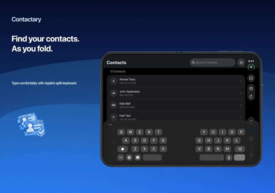 Contactary on iPhone Duo: Find your contacts. As you fold.