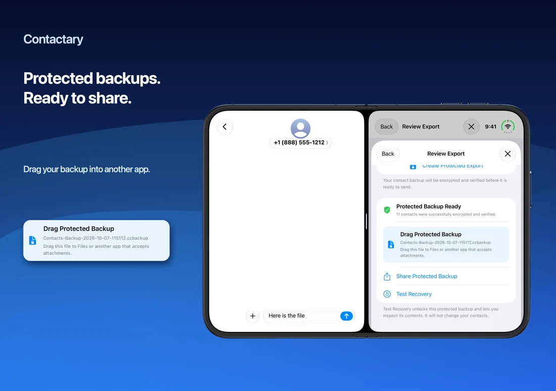 Contactary on iPhone Duo: Protected backups. Ready to share.