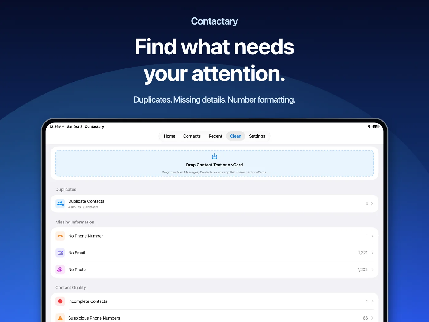 Contactary on iPad: Find what needs your attention.