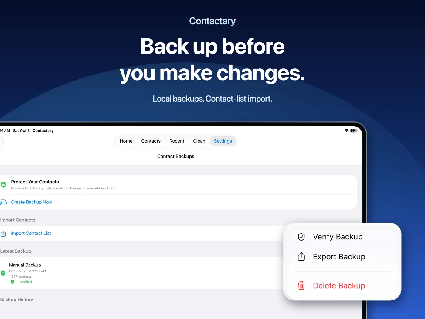 Contactary on iPad: Back up before you make changes.
