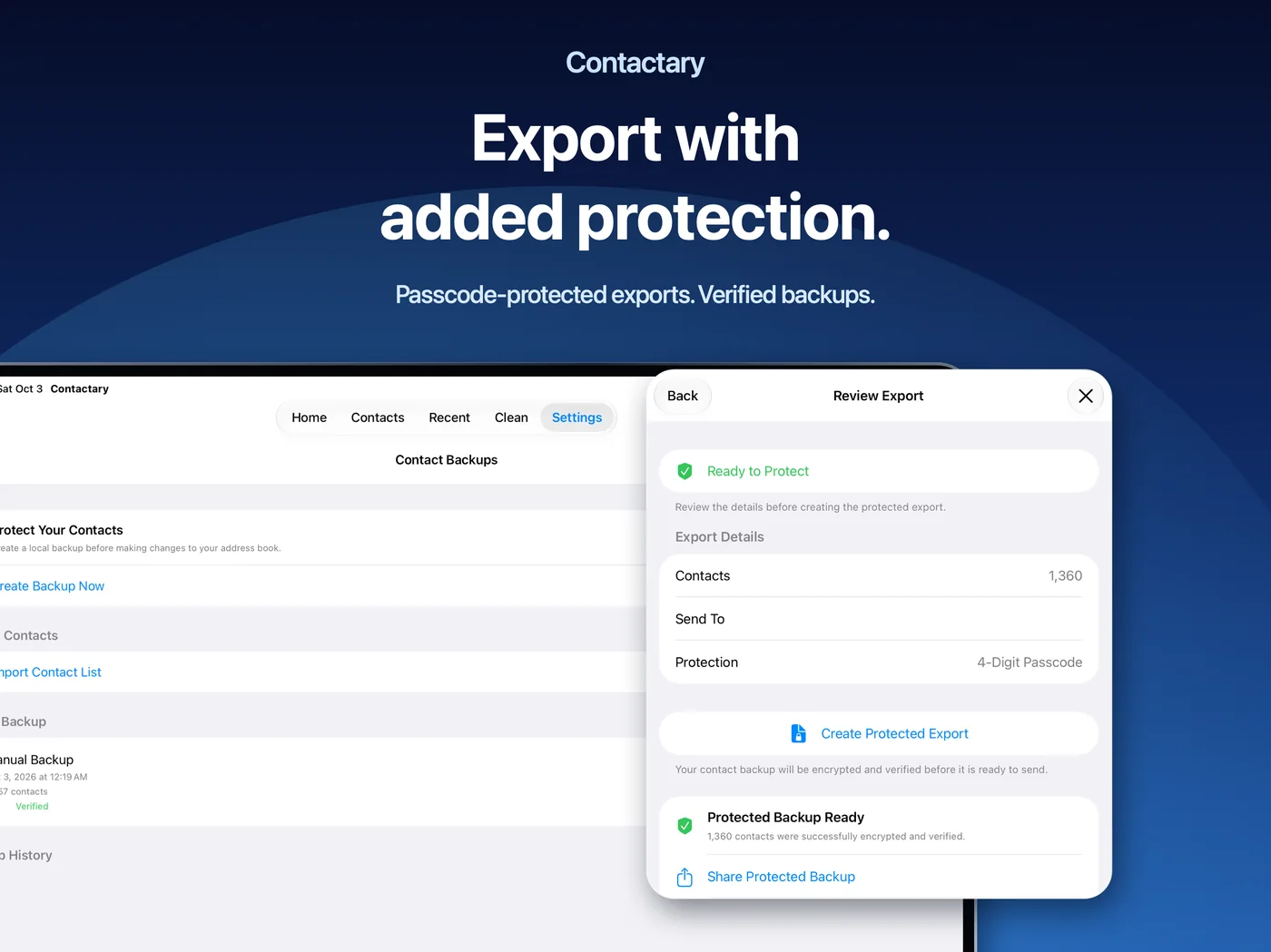 Contactary on iPad: Export with added protection.