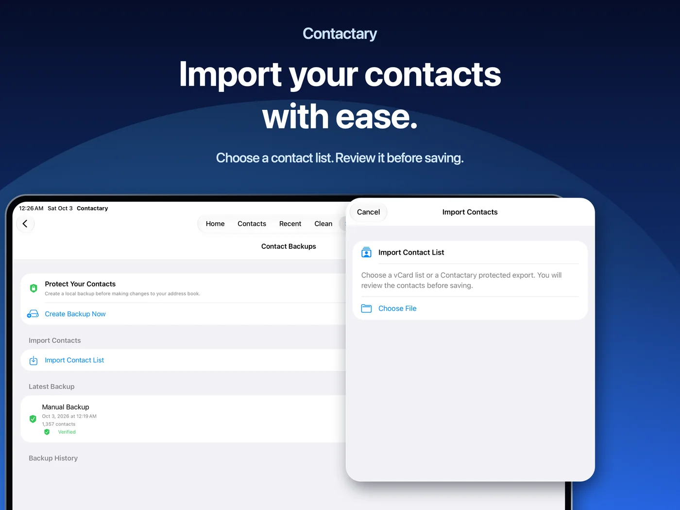 Contactary on iPad: Import your contacts with ease.