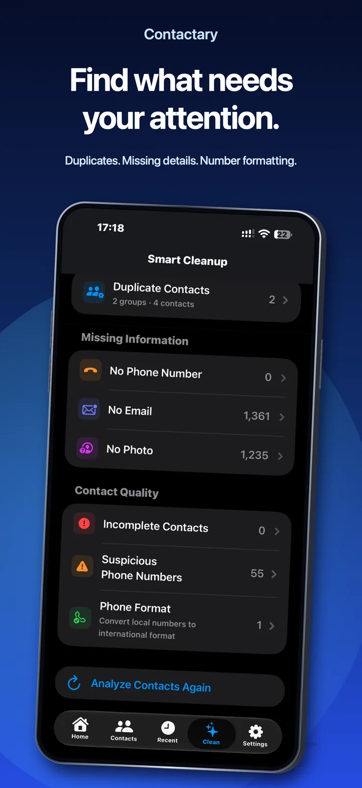 Contactary on iPhone: Find what needs your attention.