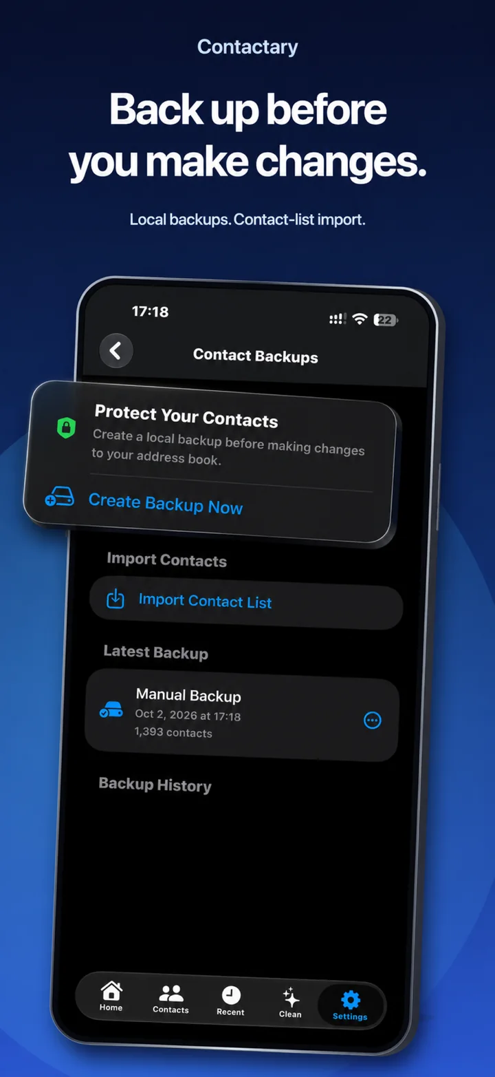 Contactary on iPhone: Back up before you make changes.