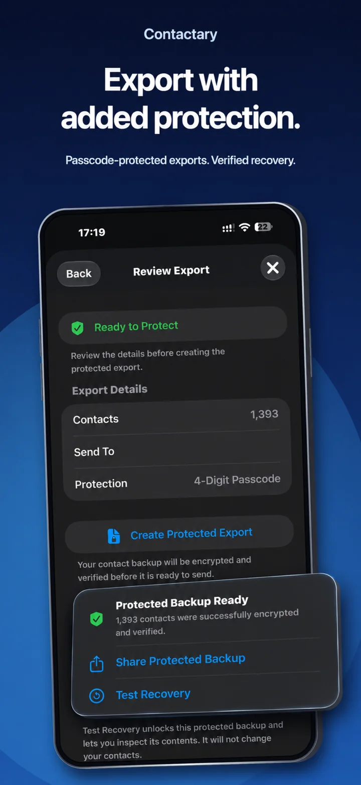 Contactary on iPhone: Export with added protection.