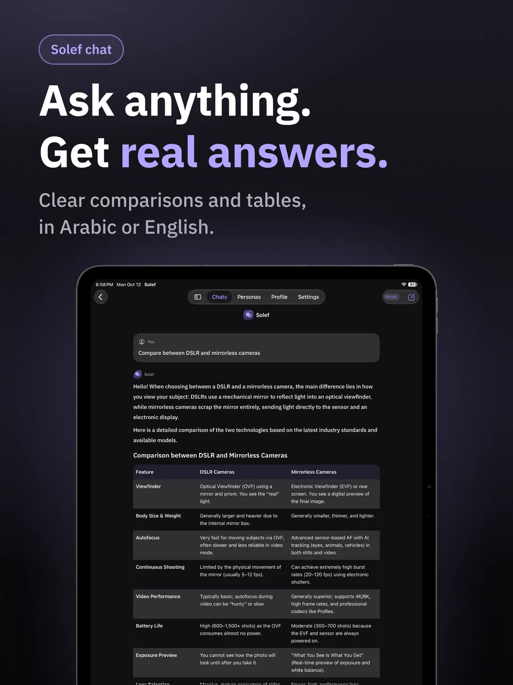 Solef on iPad: Ask anything. Get real answers.