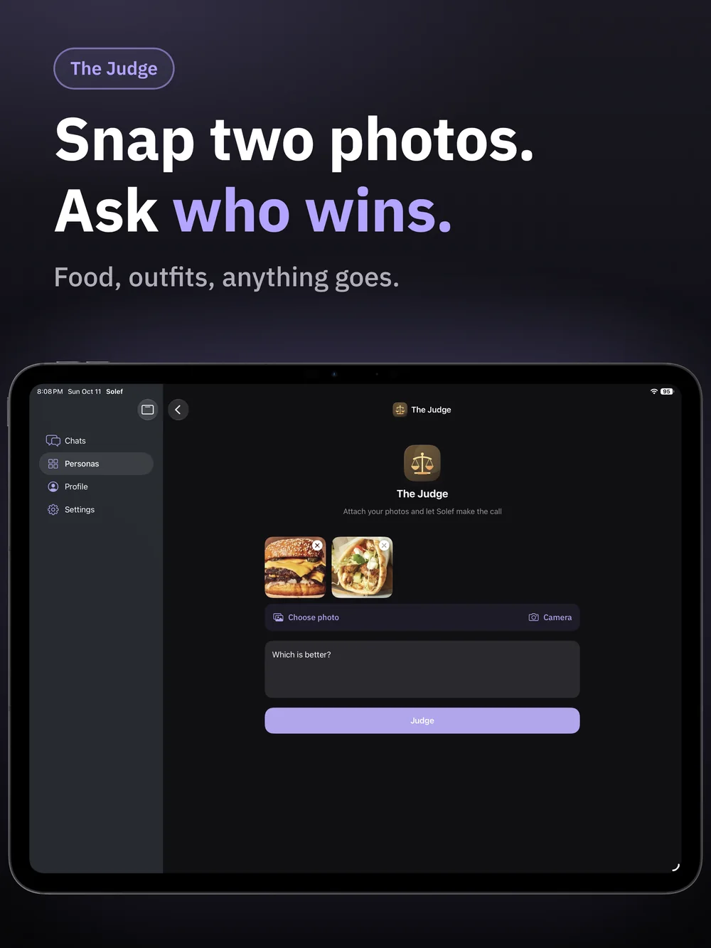 Solef on iPad: Snap two photos. Ask who wins.