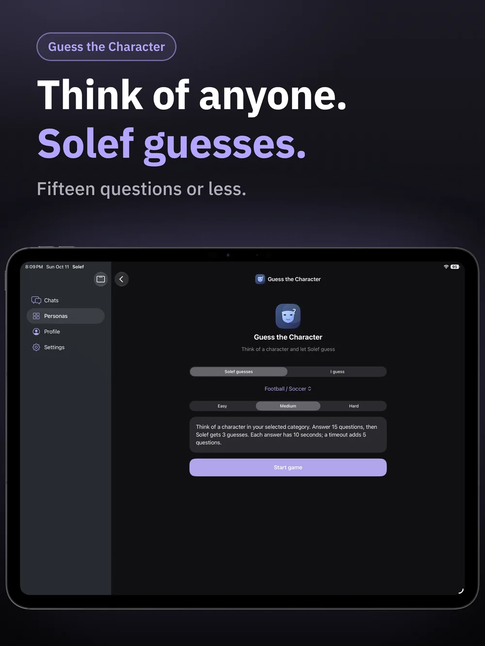 Solef on iPad: Think of anyone. Solef guesses.