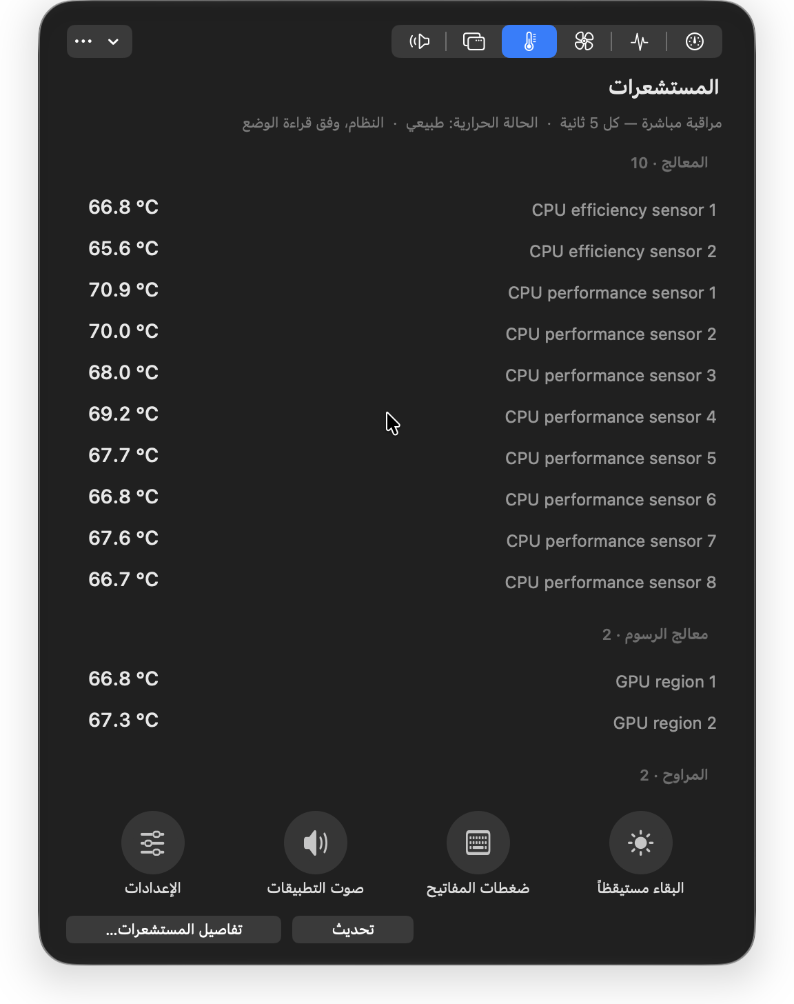 ستيدي ماك — المستشعرات. قراءات درجات الحرارة لكل مستشعر في لوحة صغيرة.