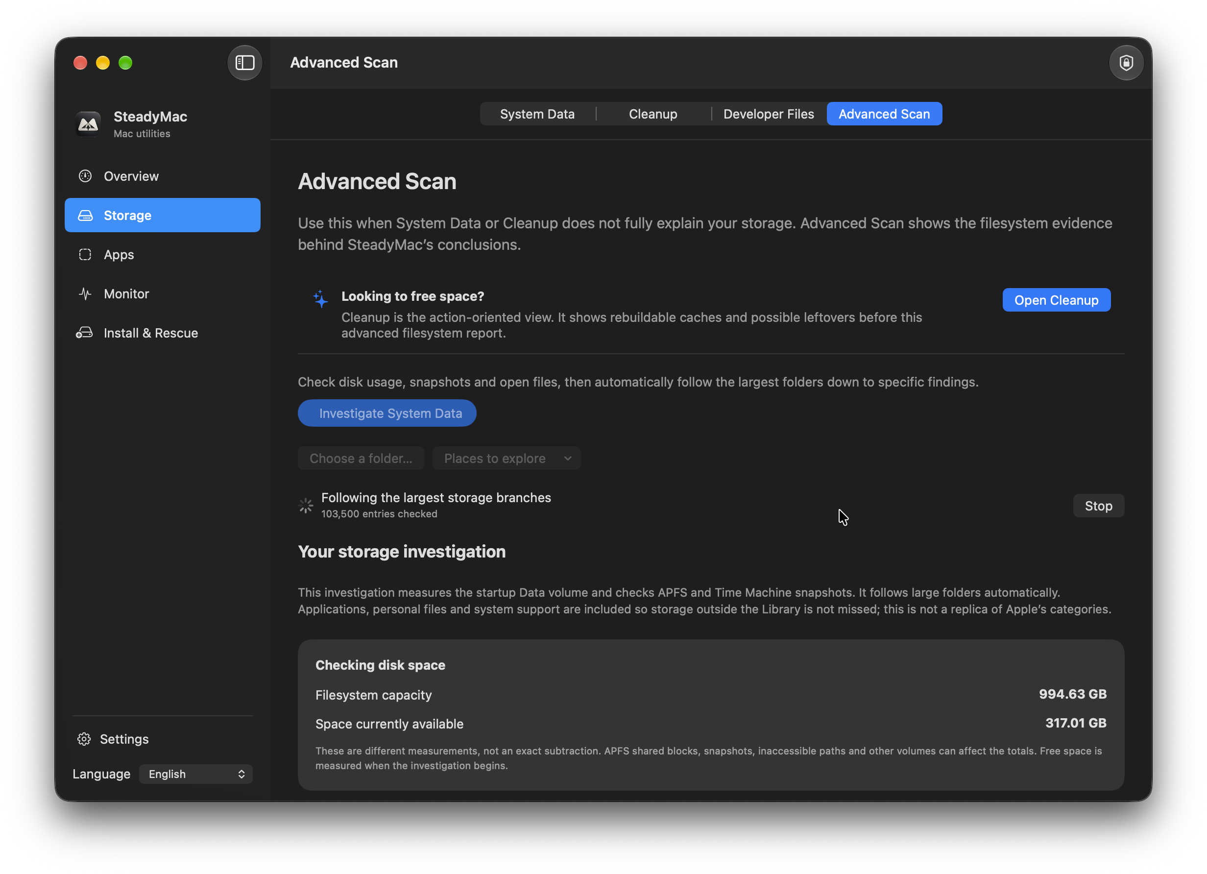 SteadyMac — Advanced Scan. Follow the storage investigation as it checks the largest branches.