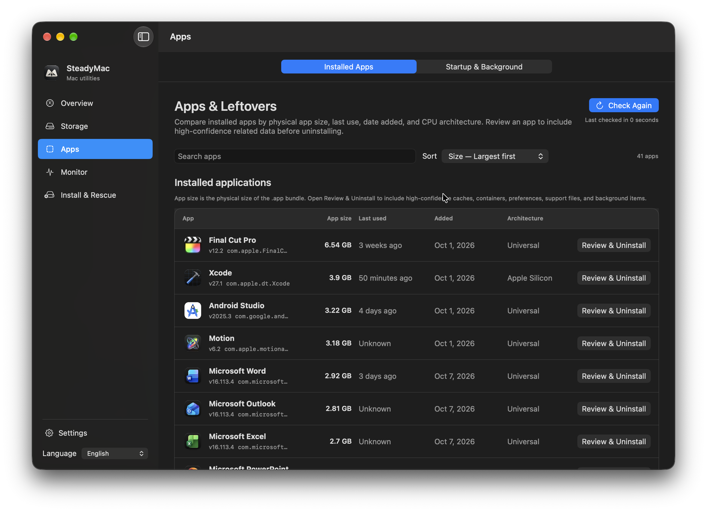 SteadyMac — Apps & Leftovers. Installed apps, their size, architecture and review controls.