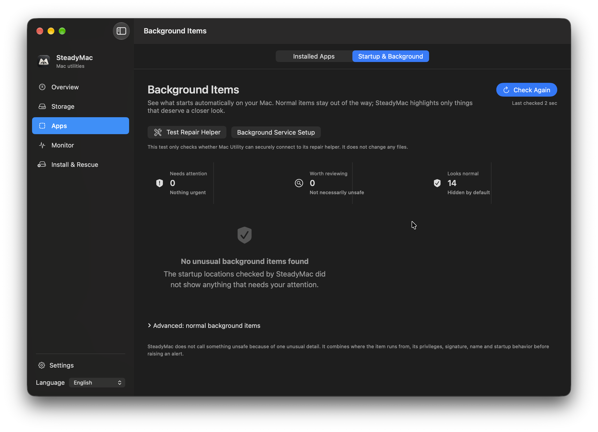 SteadyMac — Startup & Background. Review items that start automatically on your Mac.