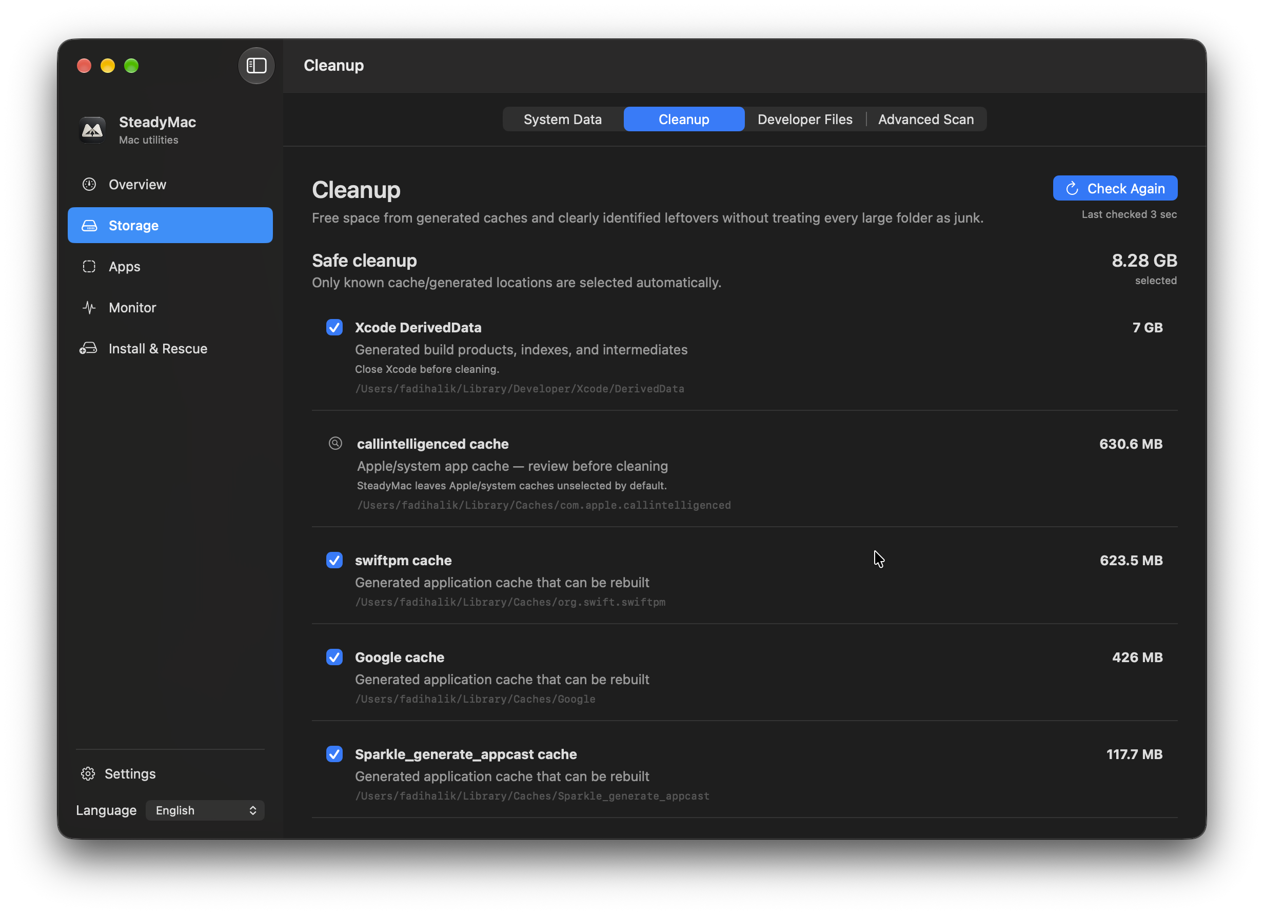 SteadyMac — Cleanup. Review generated caches and the items selected for cleanup.