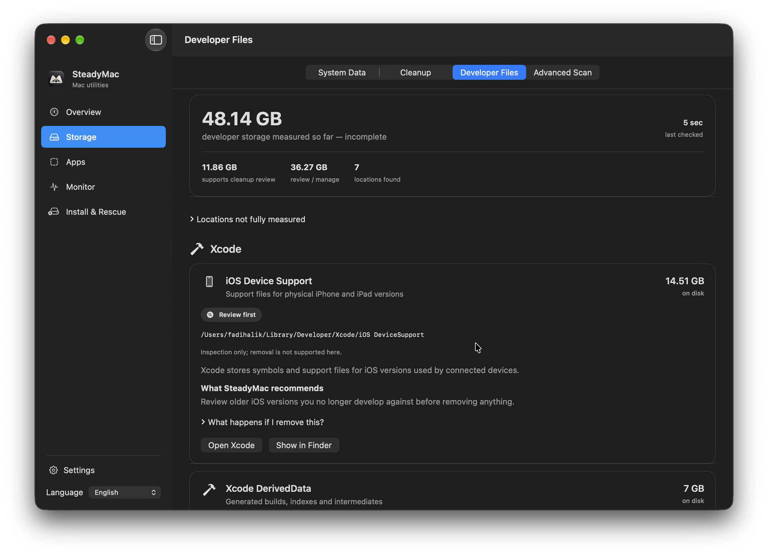 SteadyMac — Developer Files. Xcode storage, with explanations and review options. The measurement shown is incomplete.
