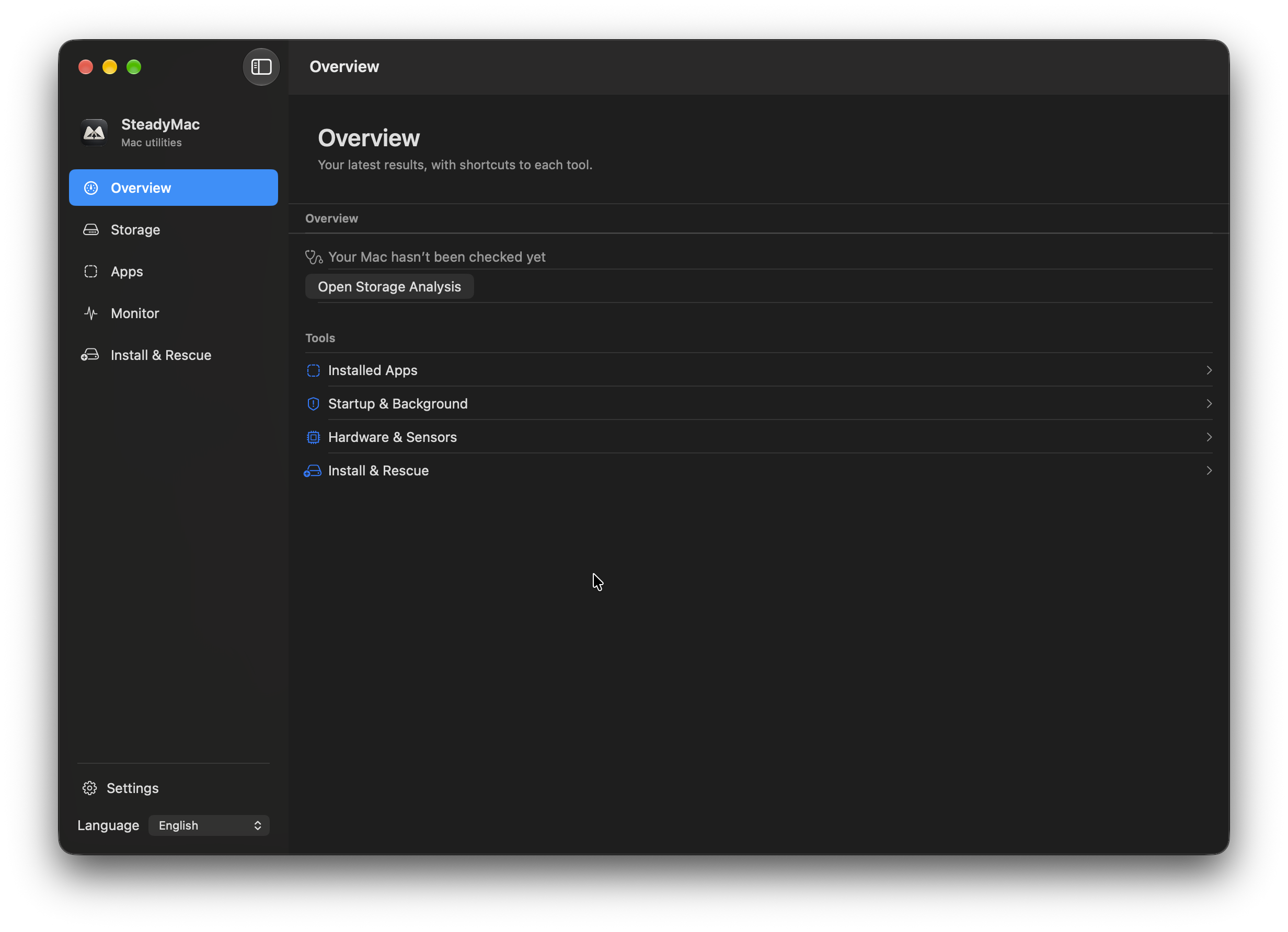 SteadyMac — Overview. Your starting point, with shortcuts to each tool. This capture is before a storage check.