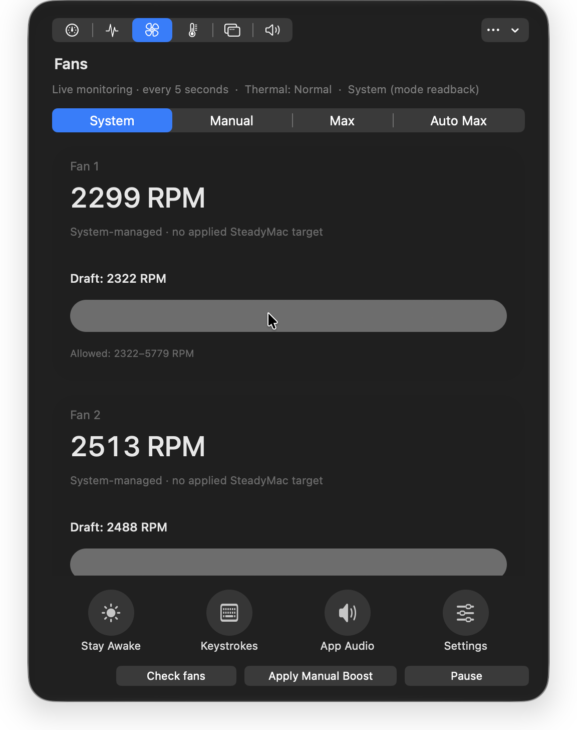 SteadyMac — Fans. Fan readings and control modes. System-managed mode is selected in this capture.