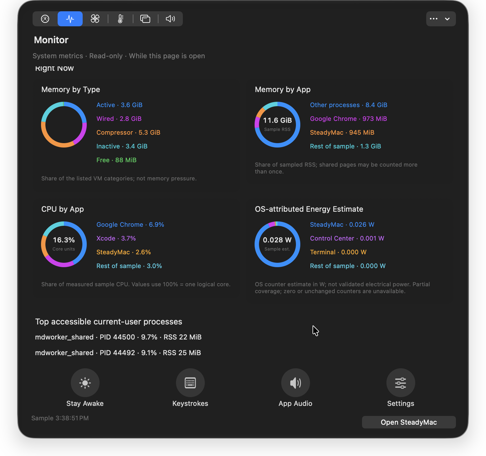 SteadyMac — Monitor. A snapshot of resource use, directly from the menu bar.