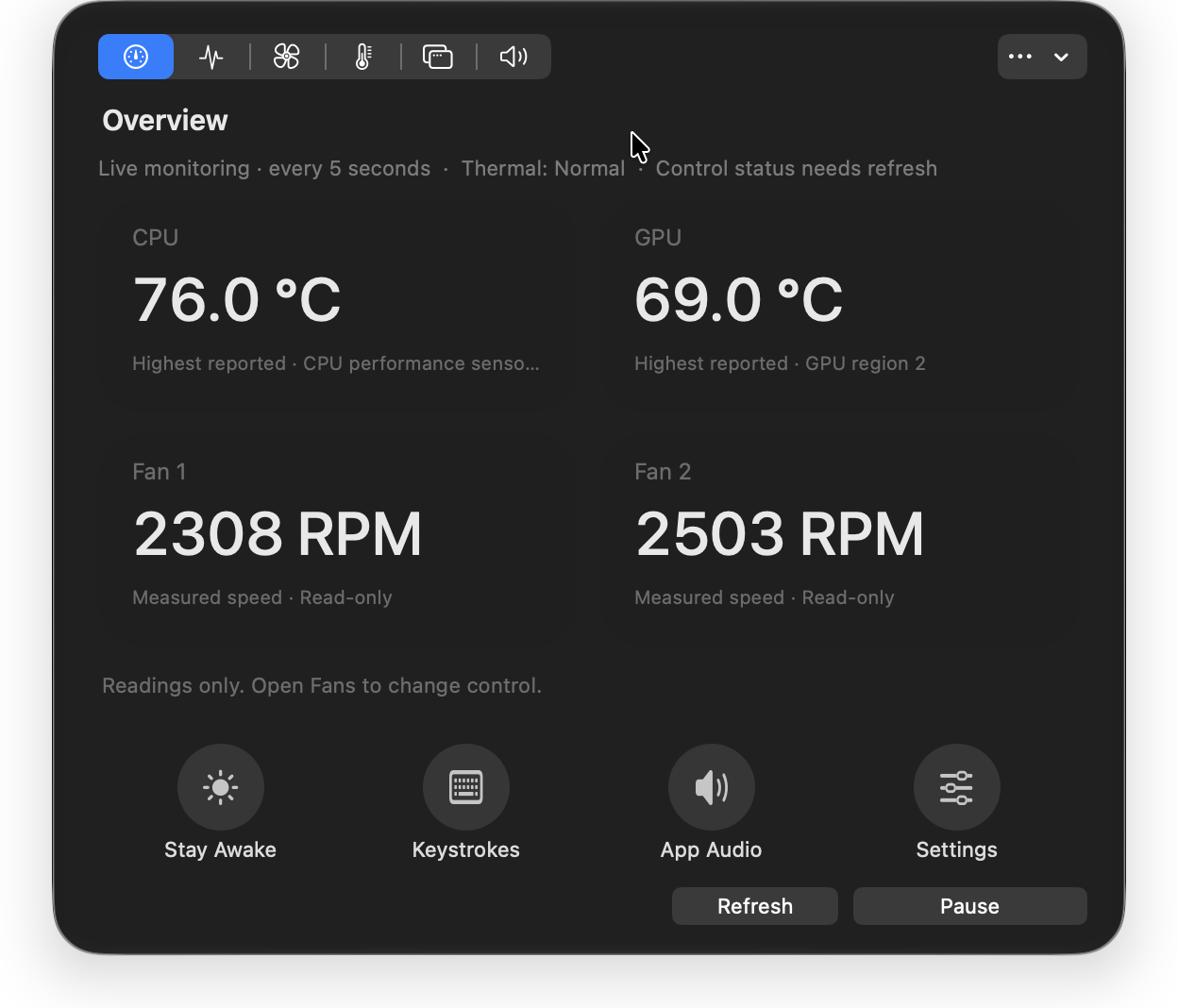 SteadyMac — At a glance. CPU and GPU temperatures, fan readings and quick actions.