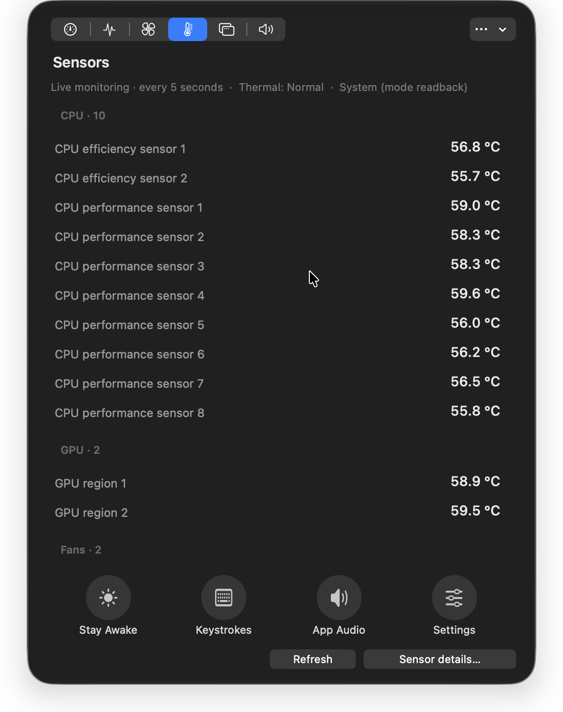 SteadyMac — Sensors. Individual temperature readings in a compact panel.