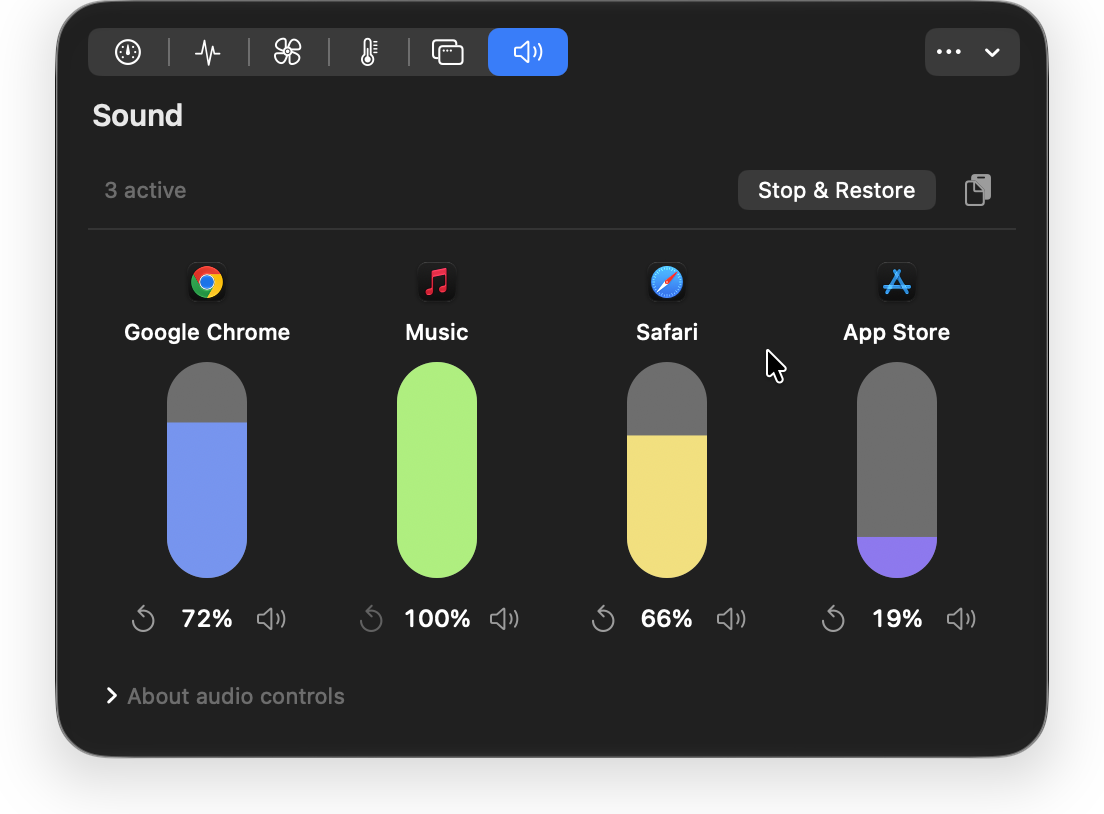 SteadyMac — Per-app sound. Separate volume controls for the apps playing audio. Requires macOS 14.2 or later.