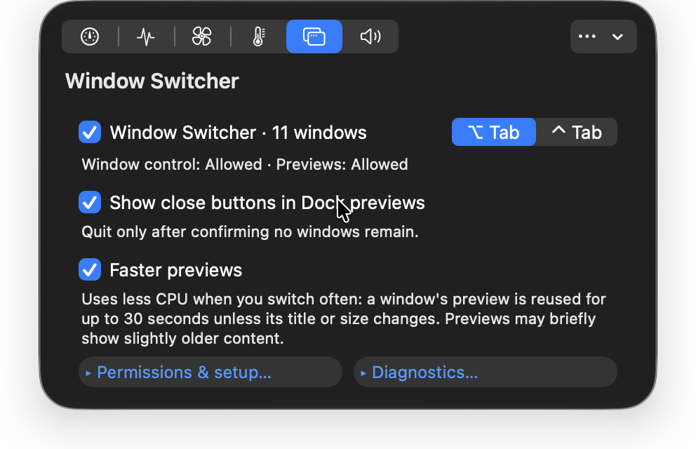 SteadyMac — Switcher controls. Window-switcher shortcuts, Dock-preview options and permission status.