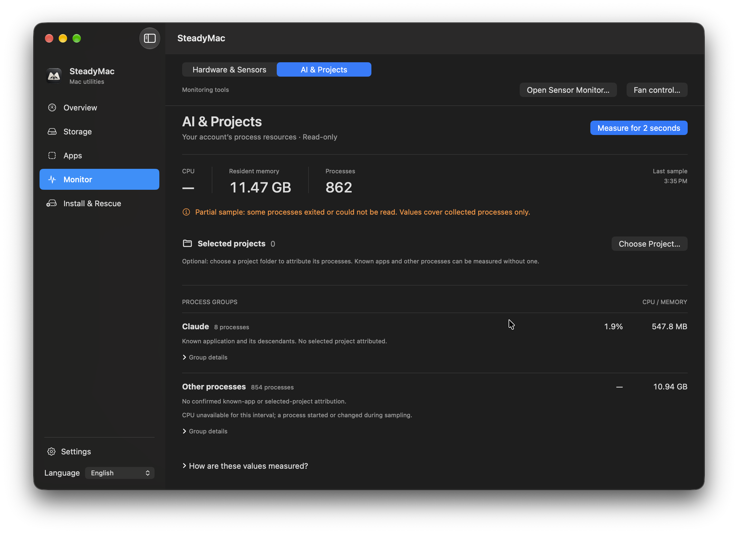 SteadyMac — AI & Projects. A read-only resource sample, with its partial-measurement notice visible.