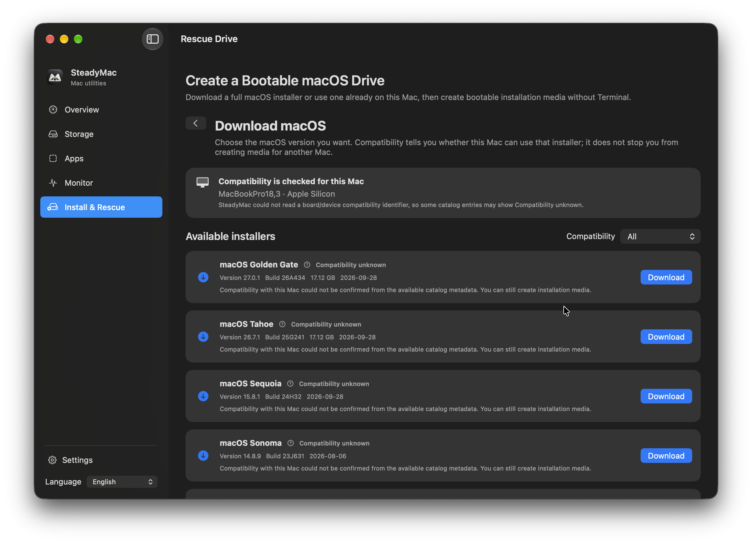 SteadyMac — Install & Rescue. macOS installers and compatibility information, as shown in the app.