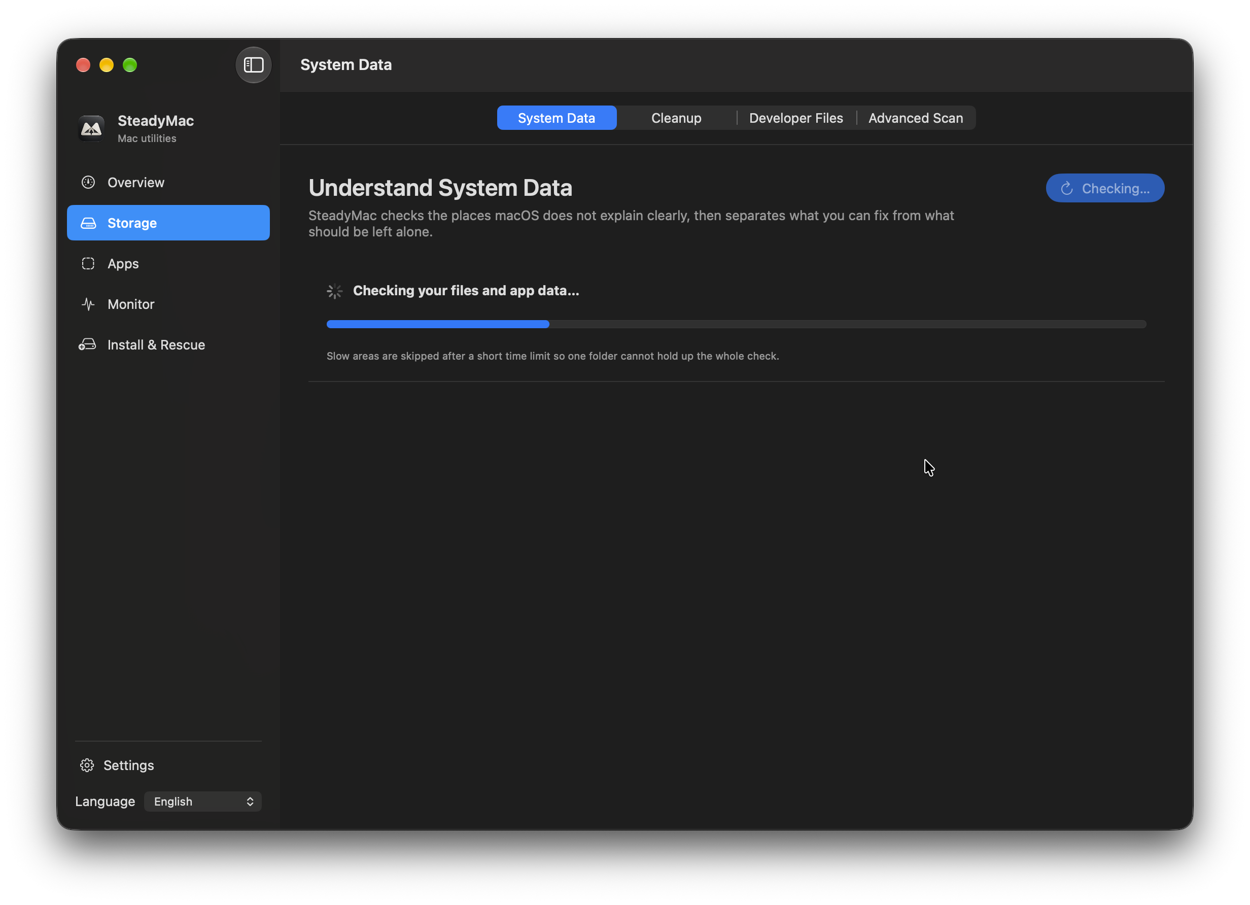 SteadyMac — System Data. A System Data check in progress.